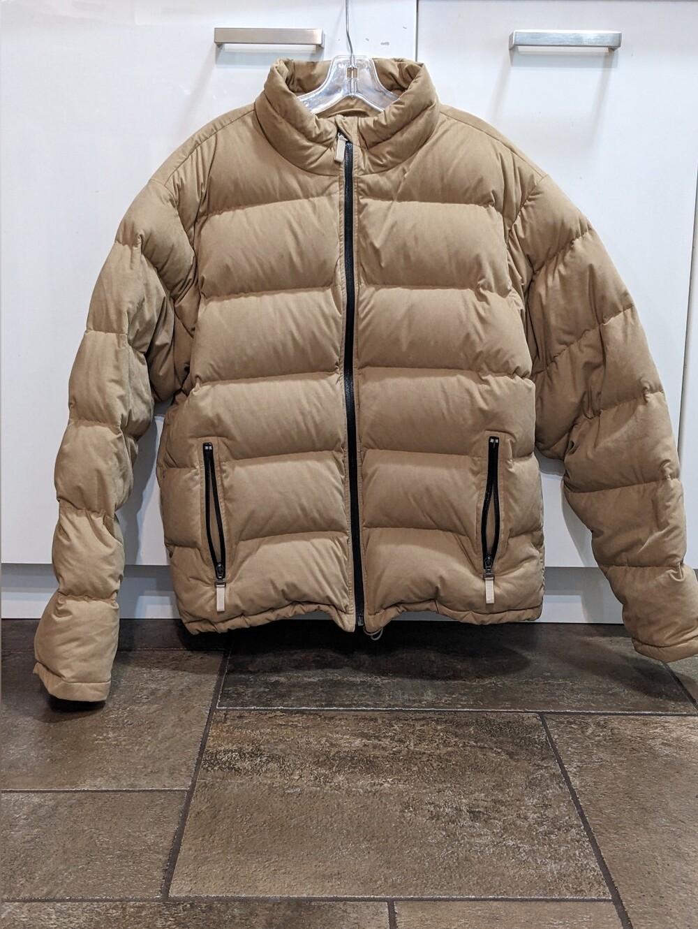 100% Down Packable Minimalist Chic Puffer Jacket High Neck Size L/XL Tan/Beige